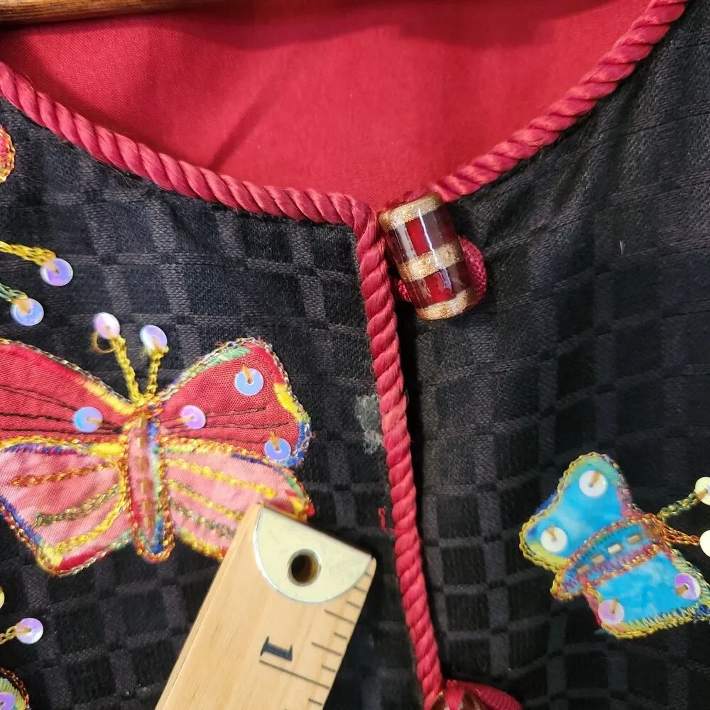 Indigo Moon Appliqué Embroidered Sequin Colorful Butterfly Black Jacket Womens M